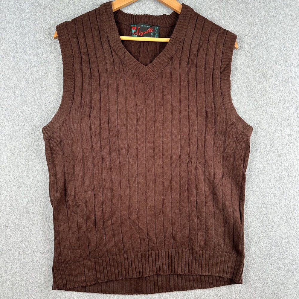 Vintage Sigallo Sweater Vest 80s Men L Brown V-Neck Ribbed Knit Acrylic Pullover